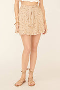 Floral Front-Tie Belt Ruffle Hem Mini Skirt
