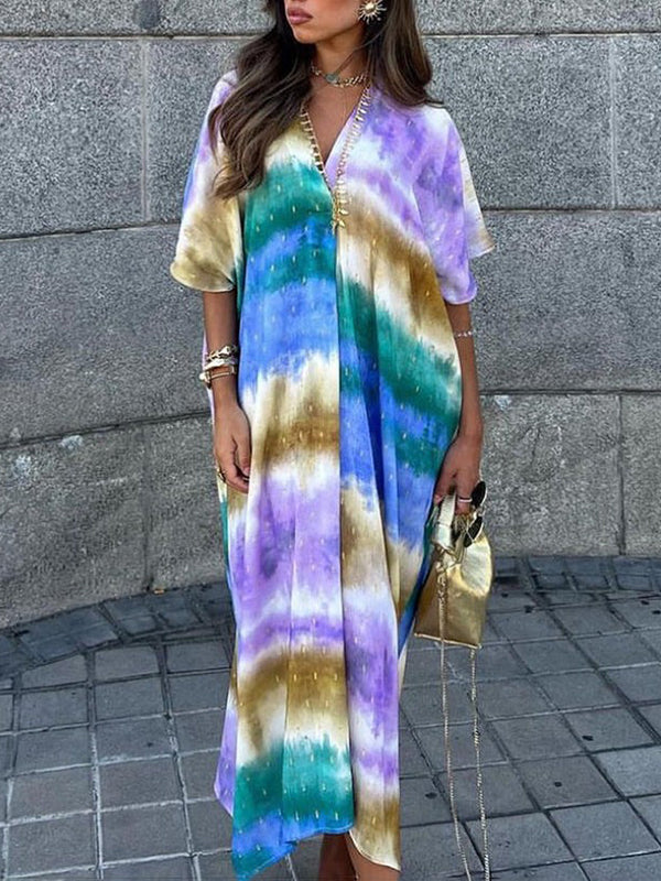 Loose Raglan Sleeve Printed V-neck Maxi Dresses