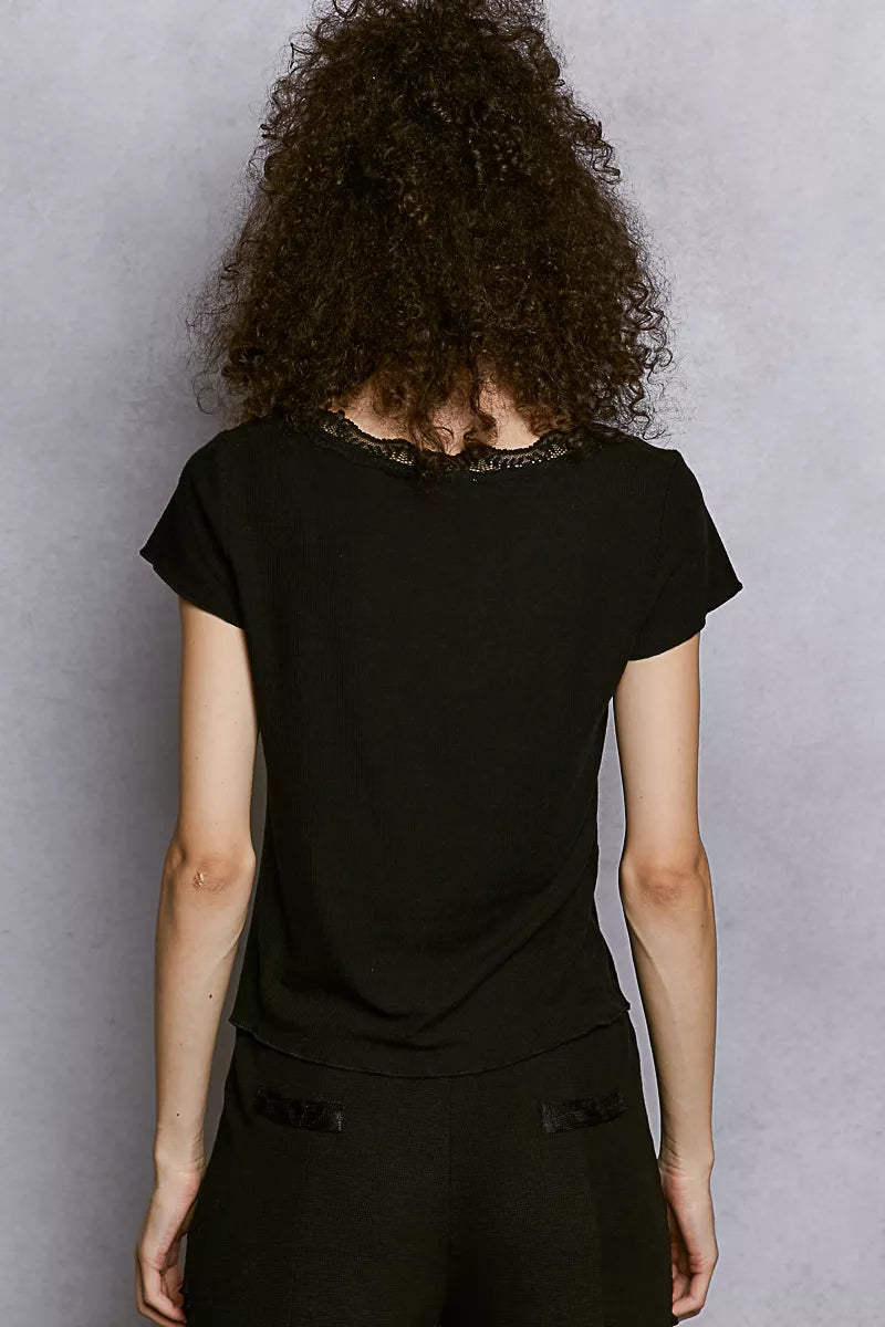 Round Neck Short Sleeve Crop T-Shirt with Lace Trim