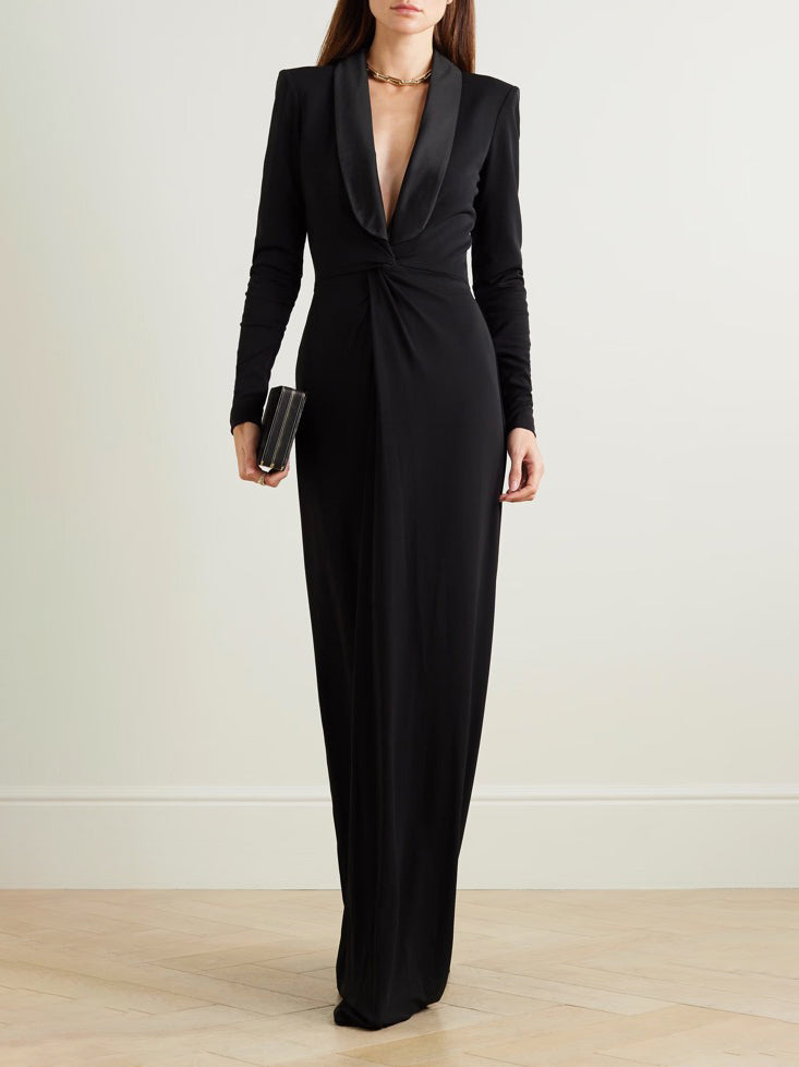 Solid Color Deep V-Neck Maxi Dress with Long Sleeves