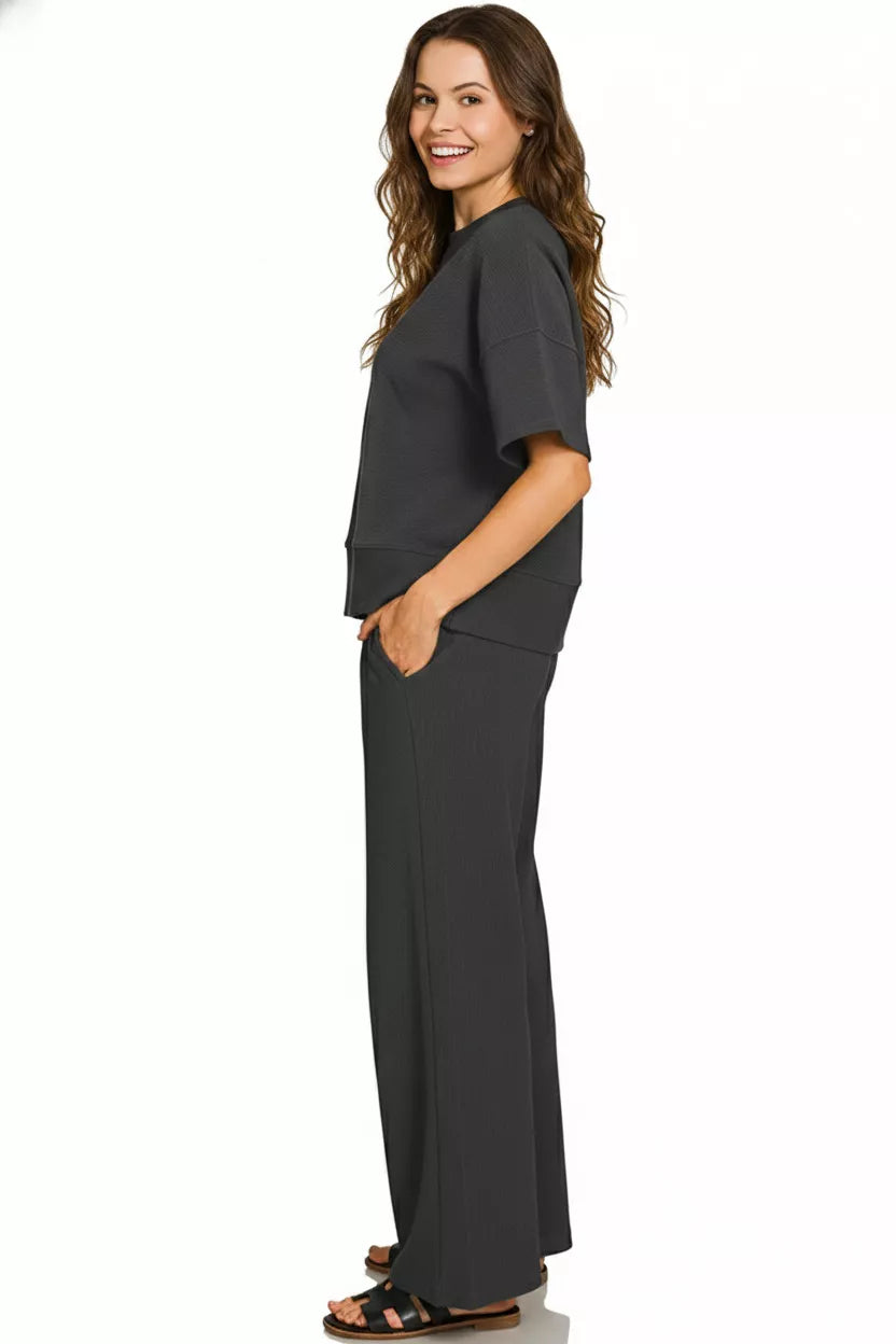 Ribbed Round Neck Tee & Pants Set