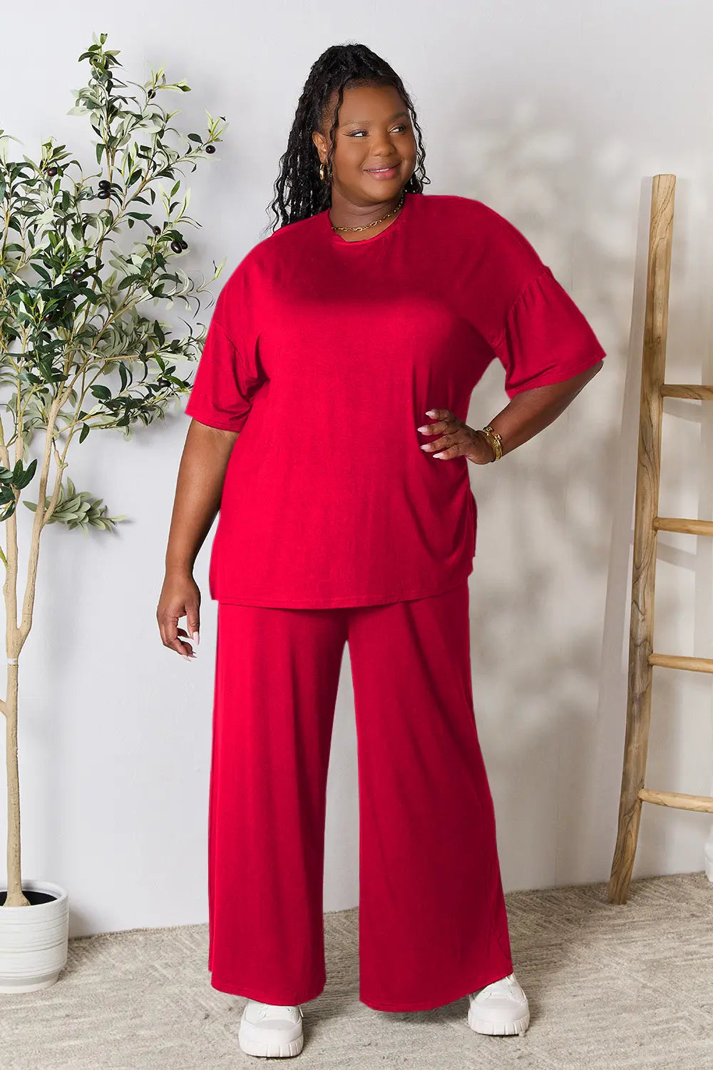 I am a Fashion Junky Full Size Round Neck Slit Top and Pants Set
