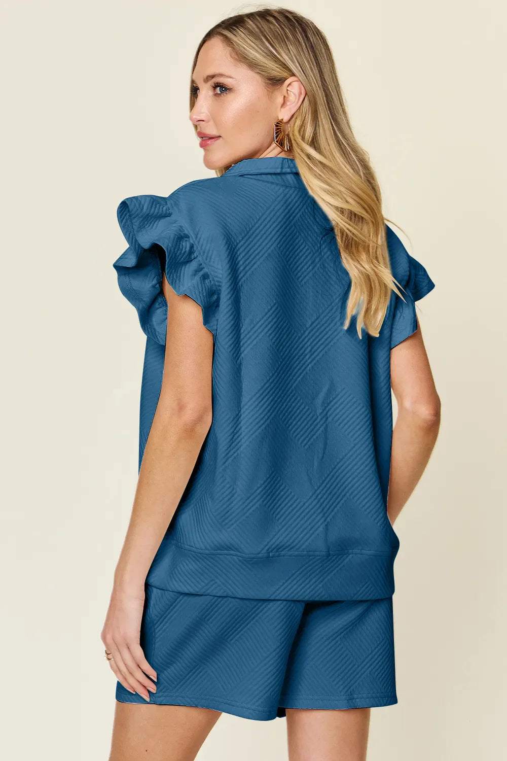 I am a Fashion Junky Full Size Texture Flounce Sleeve Top and Drawstring Shorts Set