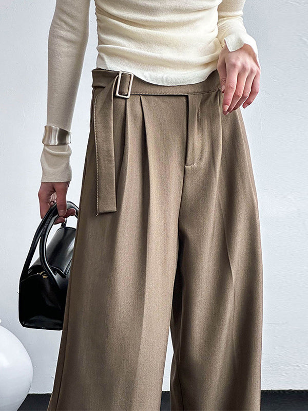 High Waisted Loose Belt Buckle Solid Color Suit Pants Trousers