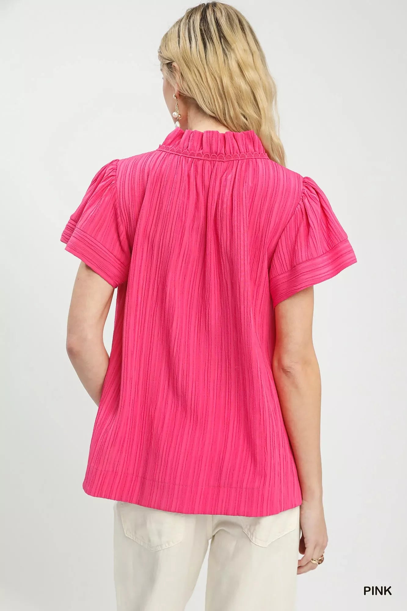 Texture Flutter Sleeve Notched Blouse