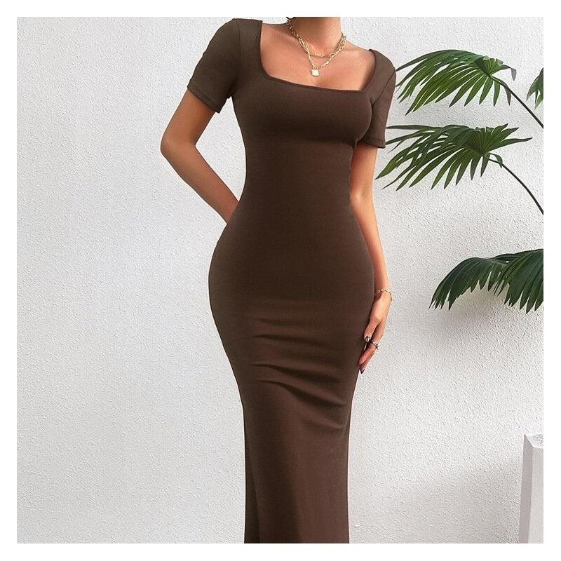 Stylish Solid Color Slim Fit Short Sleeve Dress