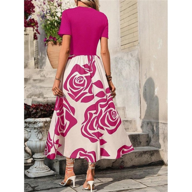 Crewneck Short Sleeve High Waisted Patchwork A-Line Maxi Dress