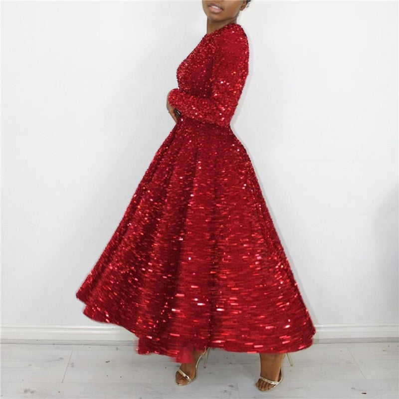 Sequin Embellished Long Sleeve High Waist Formal Dress