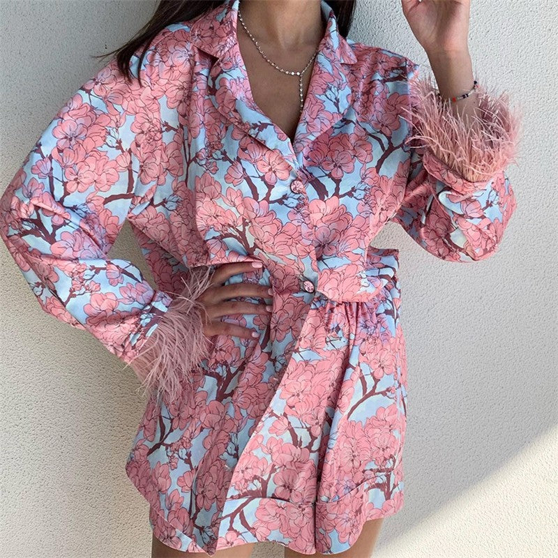 Long Sleeve Ostrich Print Shorts Pajama Set