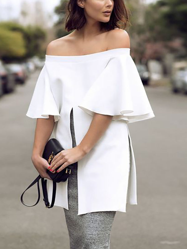 Flared Sleeves Half Sleeves Elasticity Solid Color Split-front Split-side Off-the-shoulder Blouses&shirts Tops