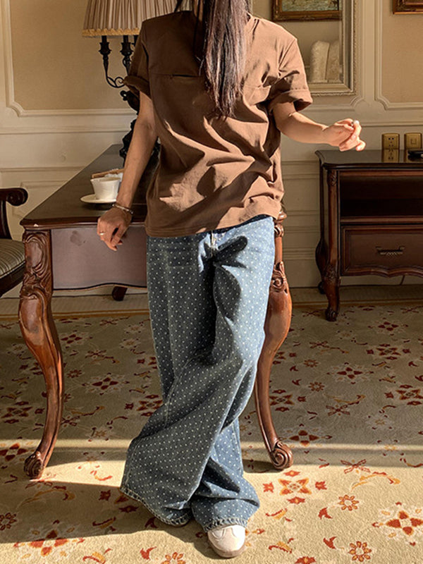 Loose Wide Leg Polka-Dot Split-Joint Jean Pants Bottoms