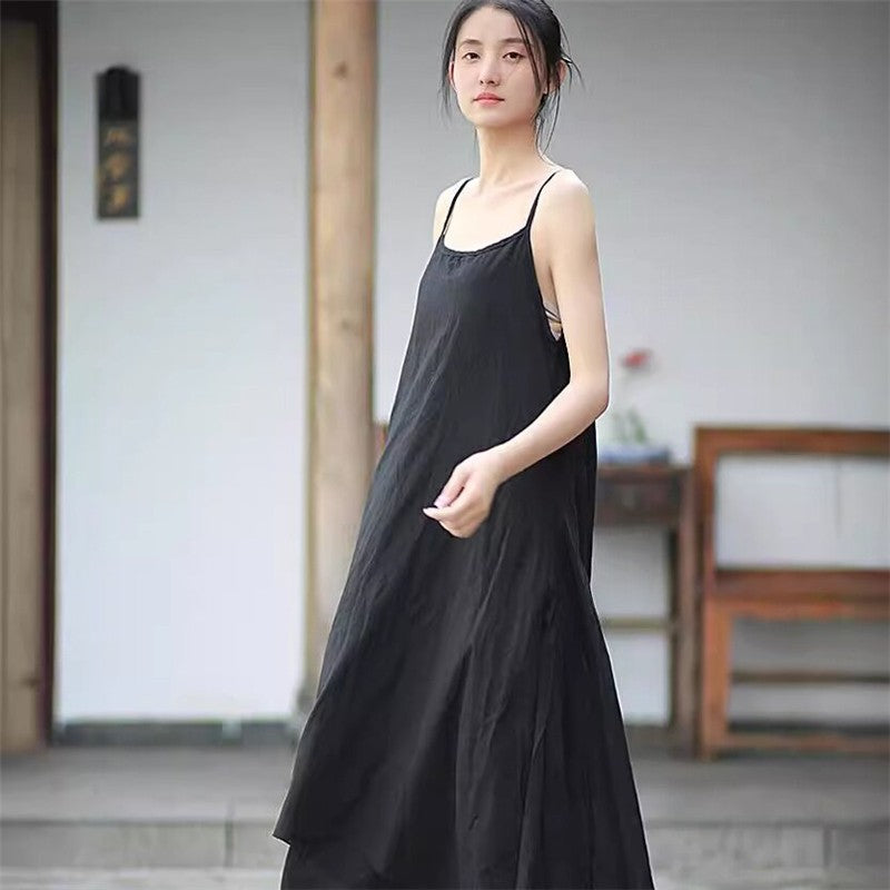 Hem Double-Layer Solid Color Sling Dress with Irregular Design