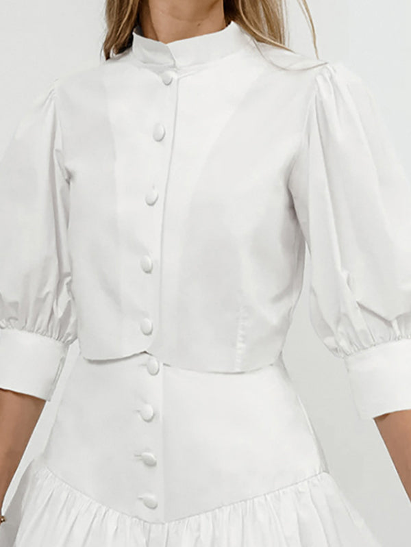 Half Sleeves Loose Buttoned Pleated Solid Color Split-Joint Stand Collar Blouses Top +  Skirts Bottom Two Pieces Set
