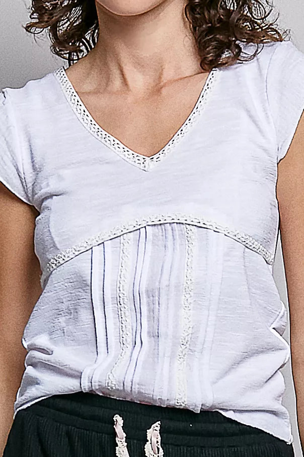 V-Neck Lightweight Textured Short Sleeve Knit Top with Lace Trim