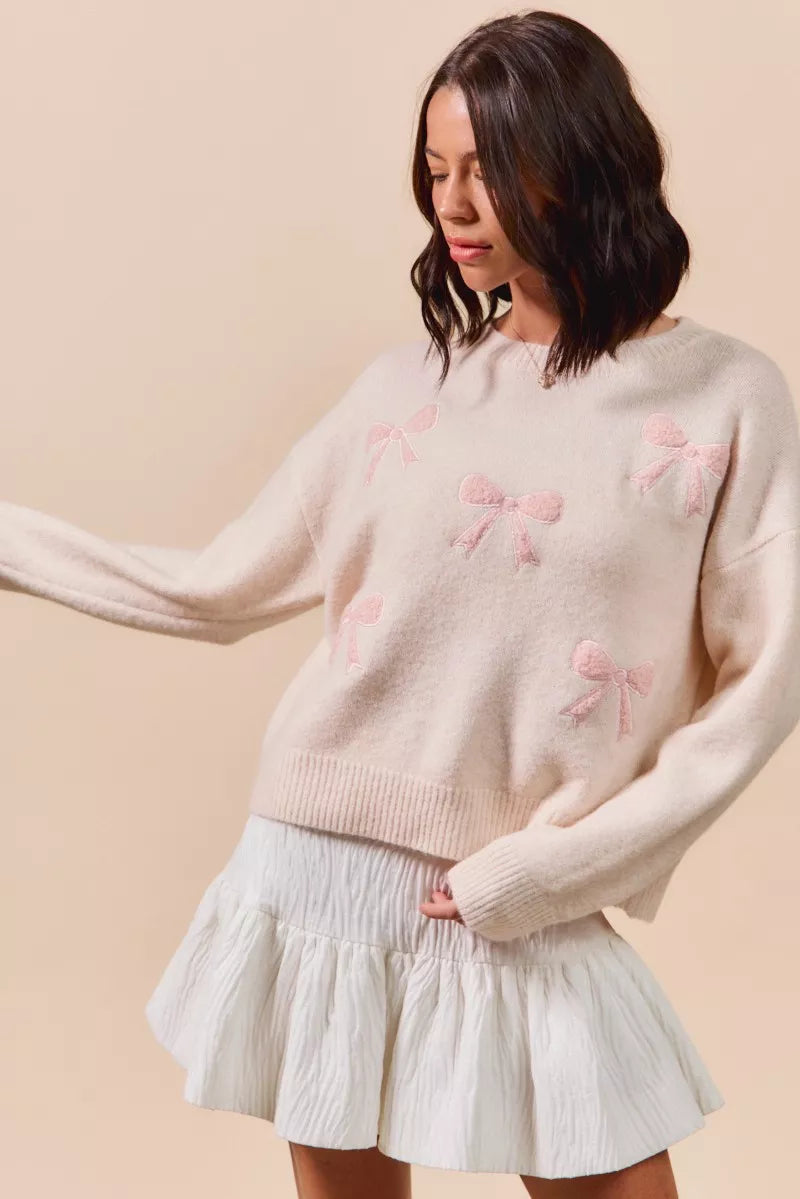 Embroidered Ribbon Round Neck Sweater