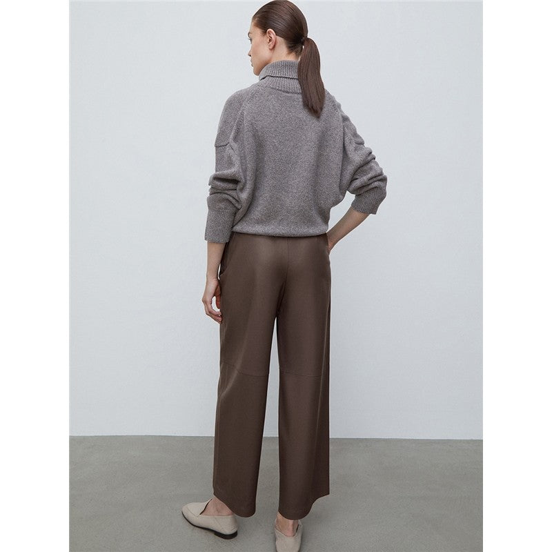 High Waisted Solid Color Straight Leg Faux Leather Pants