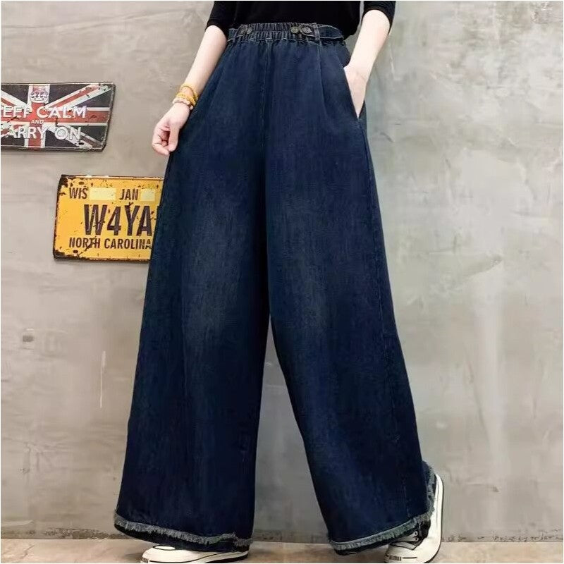 High-Waisted Solid Color Elastic Wide Leg Straight Pants