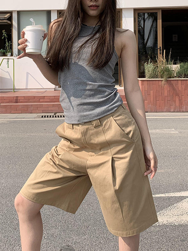 High Waisted Loose Pleated Solid Color Half Pants Shorts Bottoms