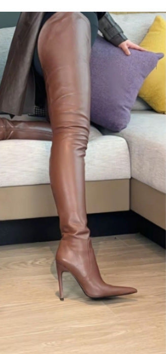 Women's Over-the-Knee Stretch Boots – Stiletto Heel, Side Zipper, Pointed Toe | Red-Brown & Dark Brown