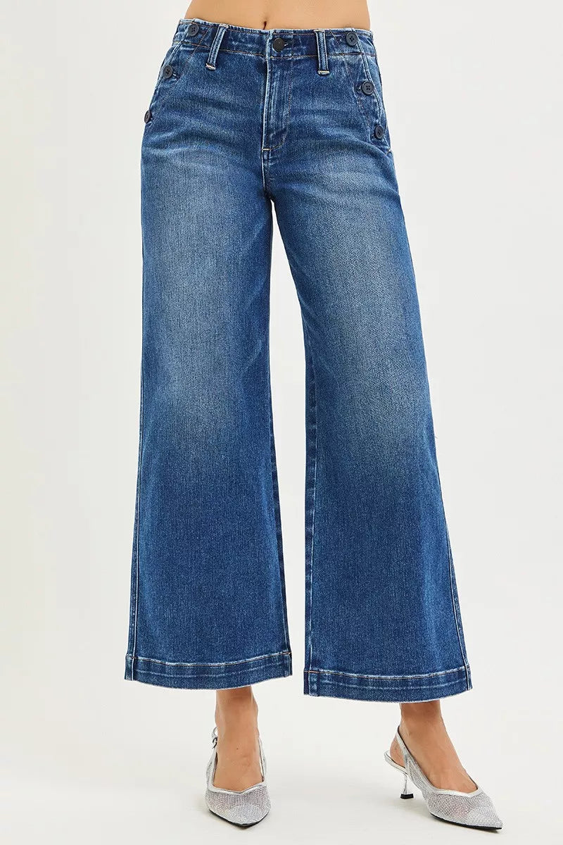 High Rise Wide Leg Jeans With Pocket Button Detail