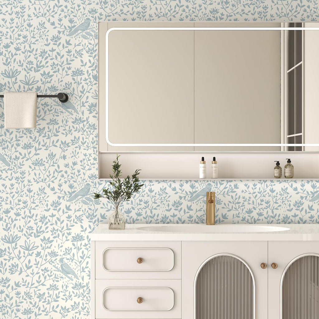 HELLKIT Peel Stick Wallpaper Blue Beige Bird 17.3x78.8in Vinyl Roll