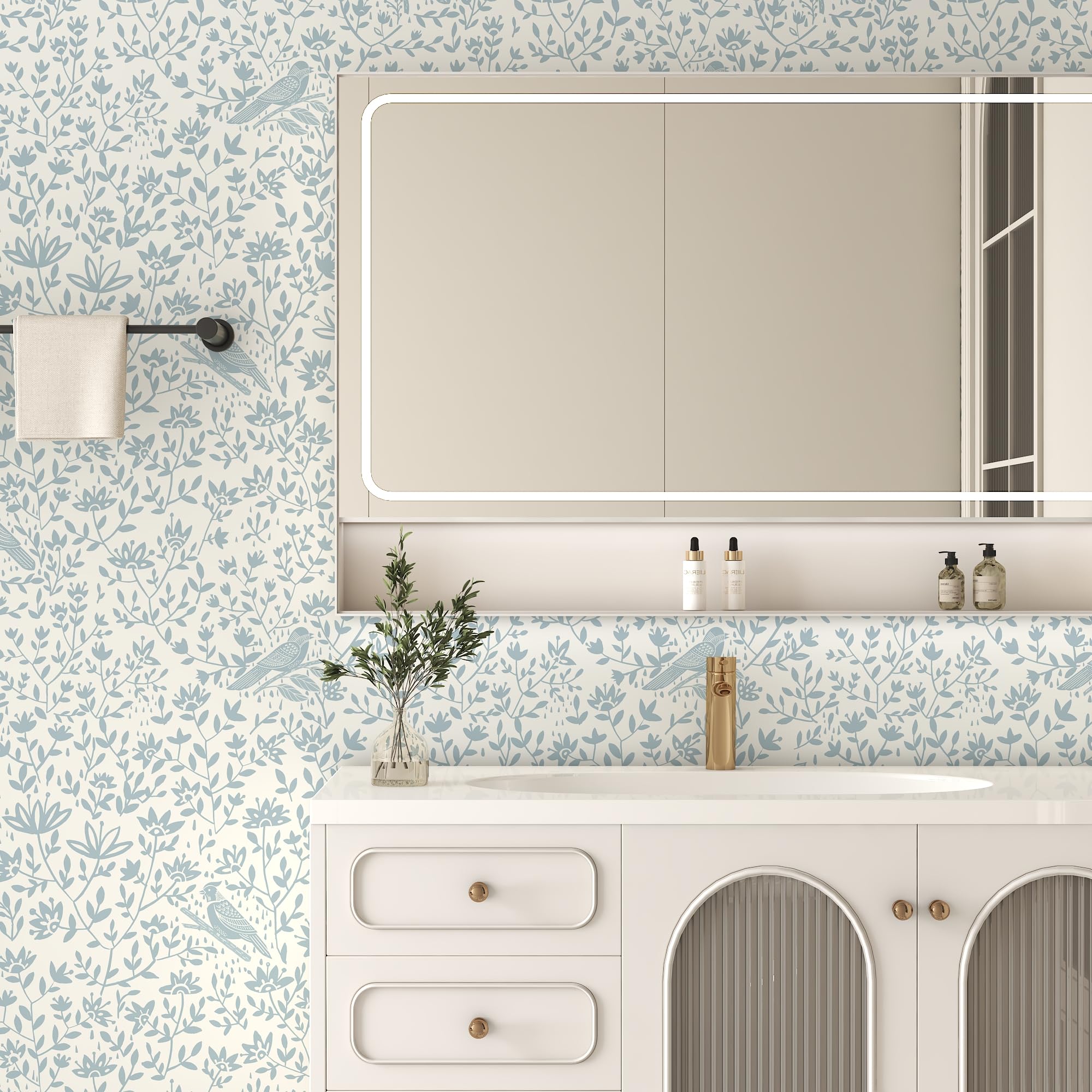 HELLKIT Peel Stick Wallpaper Blue Beige Bird 17.3x78.8in Vinyl Roll
