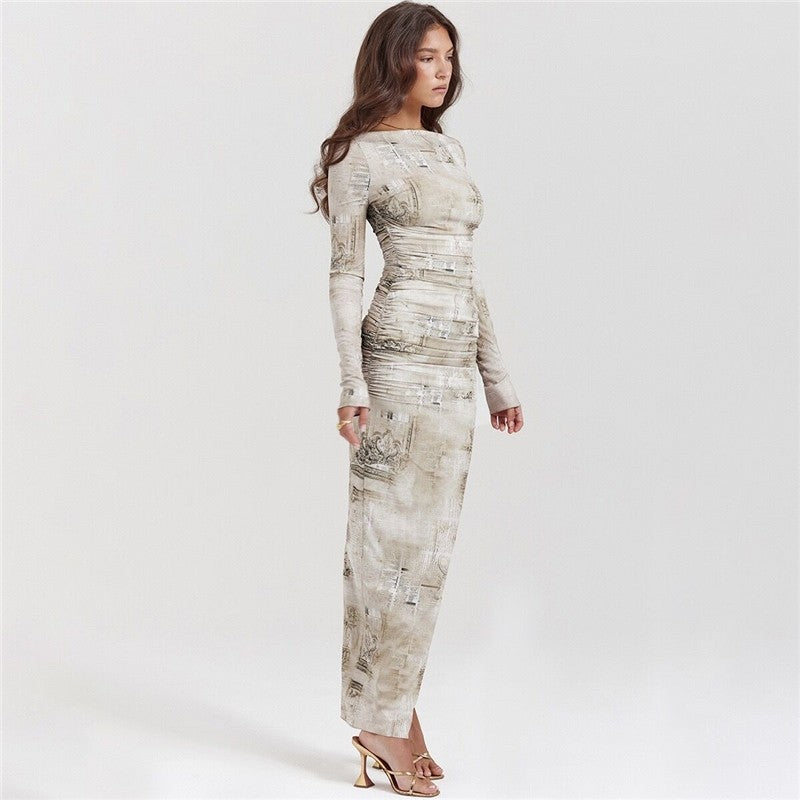 Floral Print Bodycon Long Sleeve Round Neck Dress