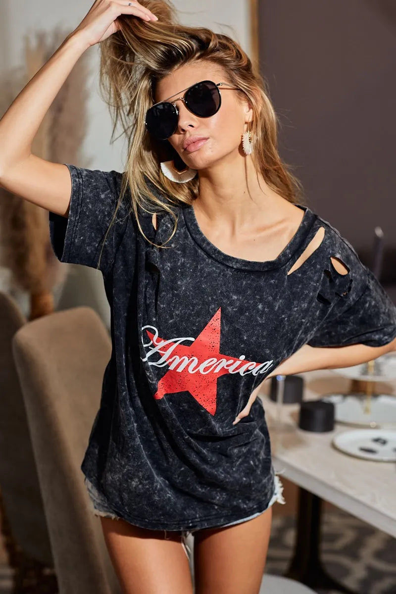 Laser Cut Mineral Washed Jersey Top with America