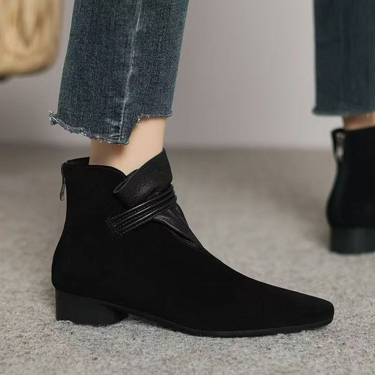 Women's Retro Suede Chunky Heel Ankle Boots – Pointed Toe Slip-On