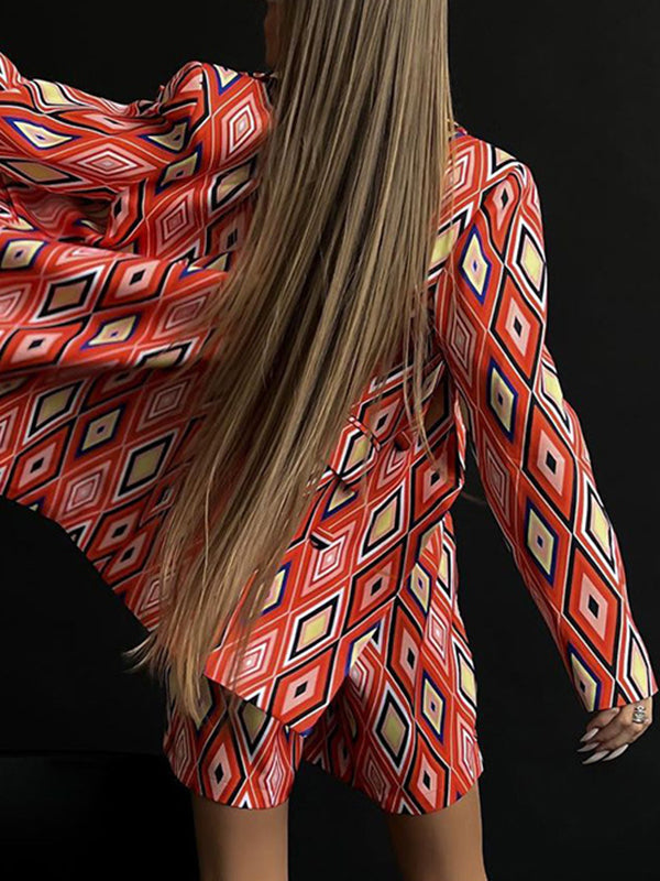 Long Sleeves Loose Buttoned Pockets Printed Notched Collar Blazer Top + Shorts Bottom Two Pieces Set