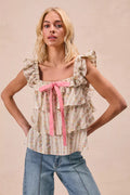 Floral Printed Woven Front Bow Tied Ruffled Square Neck Sleeveless Top