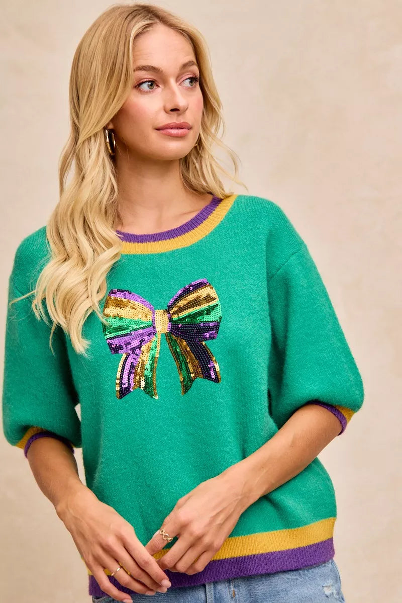 Mardi Gras Sequin Ribbon Patched Sweater