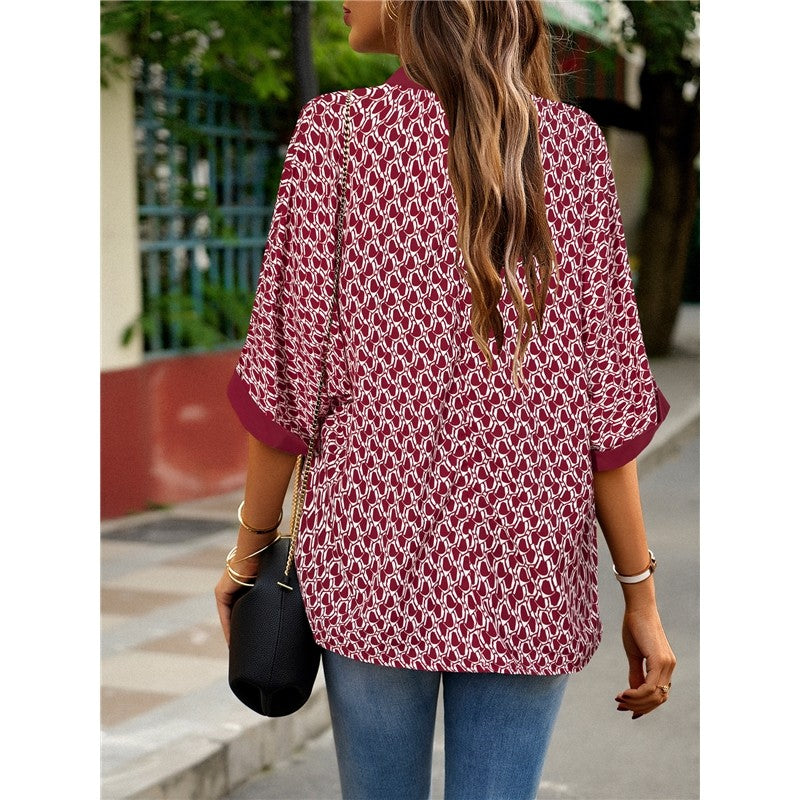 Contrast Color Half Sleeve Printing Pullover Blouse