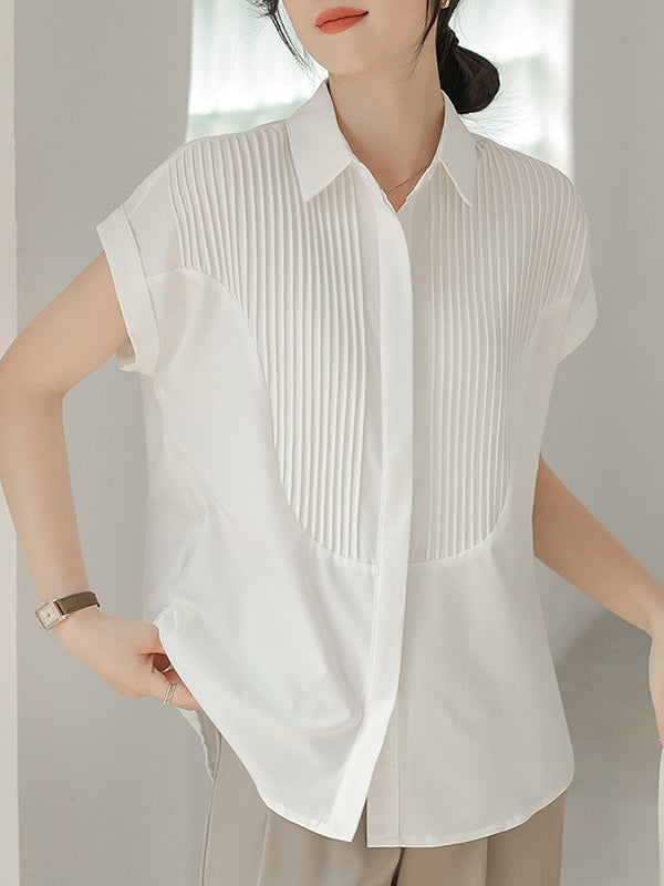 Loose Short Sleeves Buttoned Pleated Solid Color Split-Joint Lapel Blouses&Shirts Tops