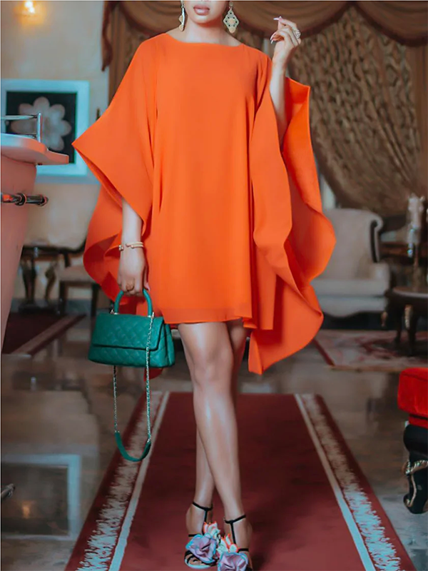 Loose-Fit Batwing Sleeve Mini Dress in Solid Color with Round Neck
