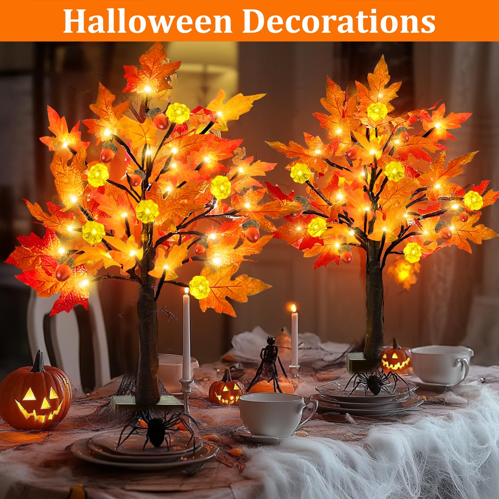 TURNMEON 2Pack 24in Prelit Fall Maple Tree Lights48 LED Timer Battery Orange Red