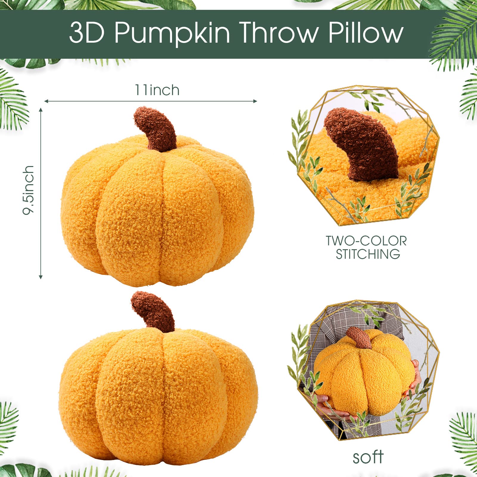Queekay 2 Pcs Pumpkin Pillow Plush 11x9.5 Inch Fall Decor Ginger Cotton