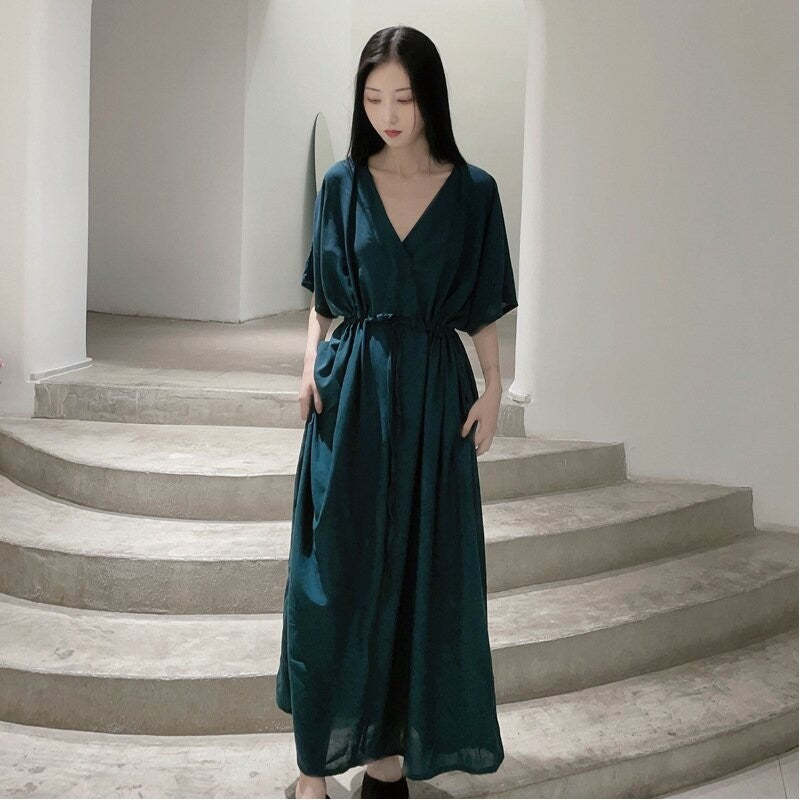 V-Neck Waist-Cinched Slim Fit Dress in Solid Color
