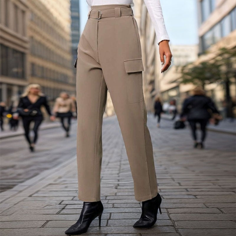 High-Waisted Solid Color Pants with Pockets for Chic Commuting
