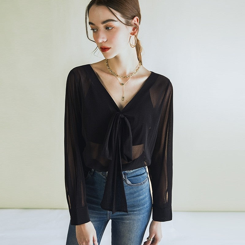 Solid Color V-Neck Bandage Long Sleeve Sheer T-Shirt