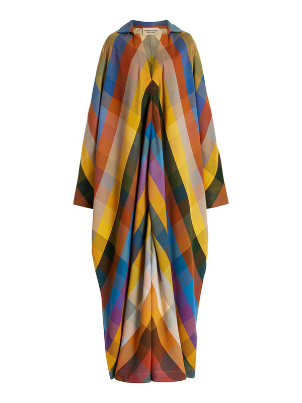 Long Sleeve Loose Contrast Color Split-Side V-Neck Maxi Dress