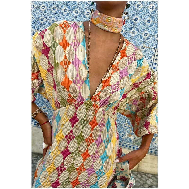 Retro Maxi Dress with Deep V-Neck and Long Sleeves