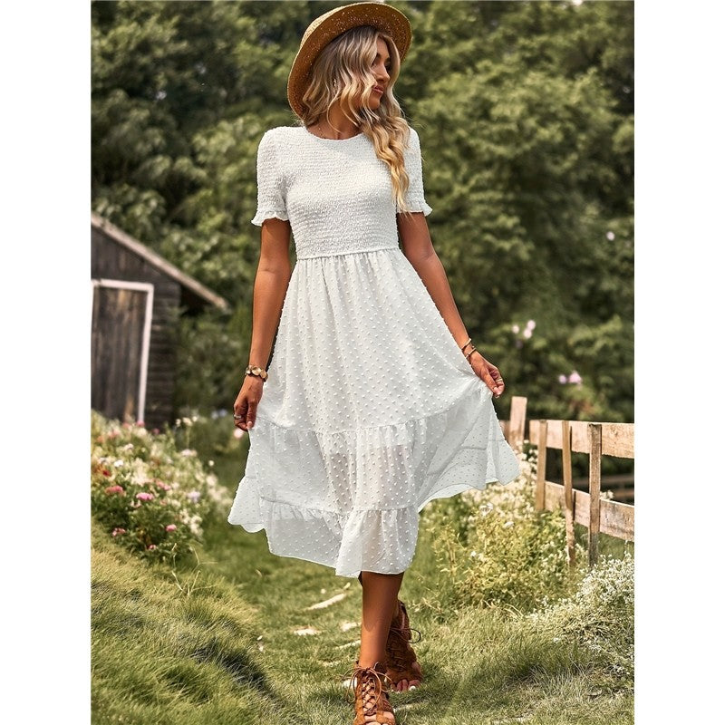 Solid Color Short Sleeve Round Neck Midi Dress for Women