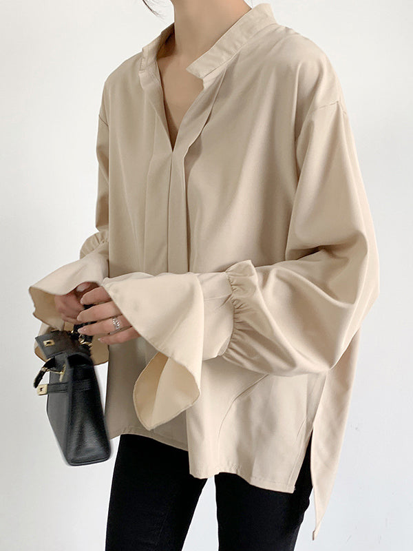 Flared Sleeves High-Low Buttoned Solid Color Split-Side V-Neck Blouses&Shirts Tops