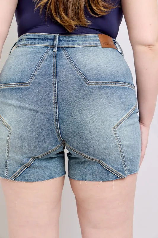 Full Size High Waist Star Seam Detail Denim Shorts Plus Size