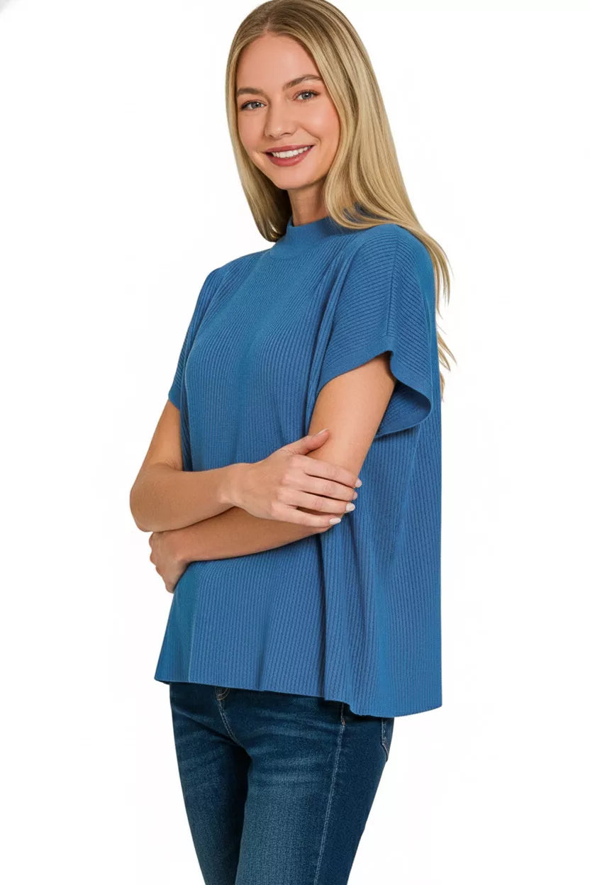 Viscose Mock Neck Short Sleeve Boxy Sweater