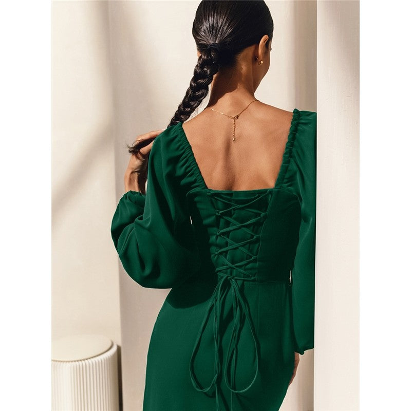 Solid Color Long Sleeve Square Neck High Waisted Side Slit Back Bandage Dress

Enhanced Version: "Square Neck Long