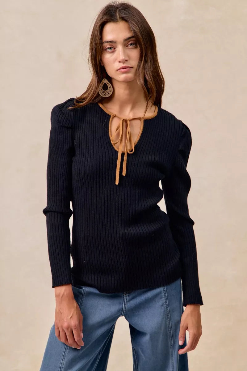 Ribbed Contrast Front Tied Top with Shrried