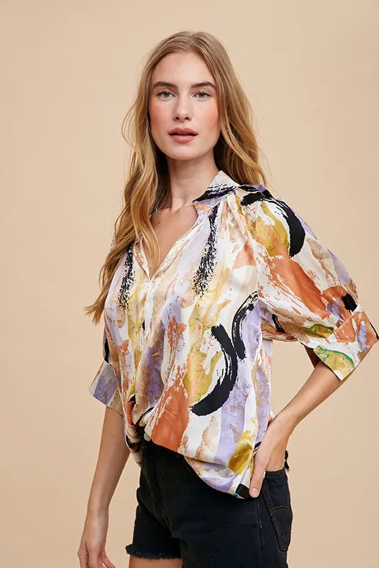 Multi Color Printed V-Neck Open Woven Blouse Top