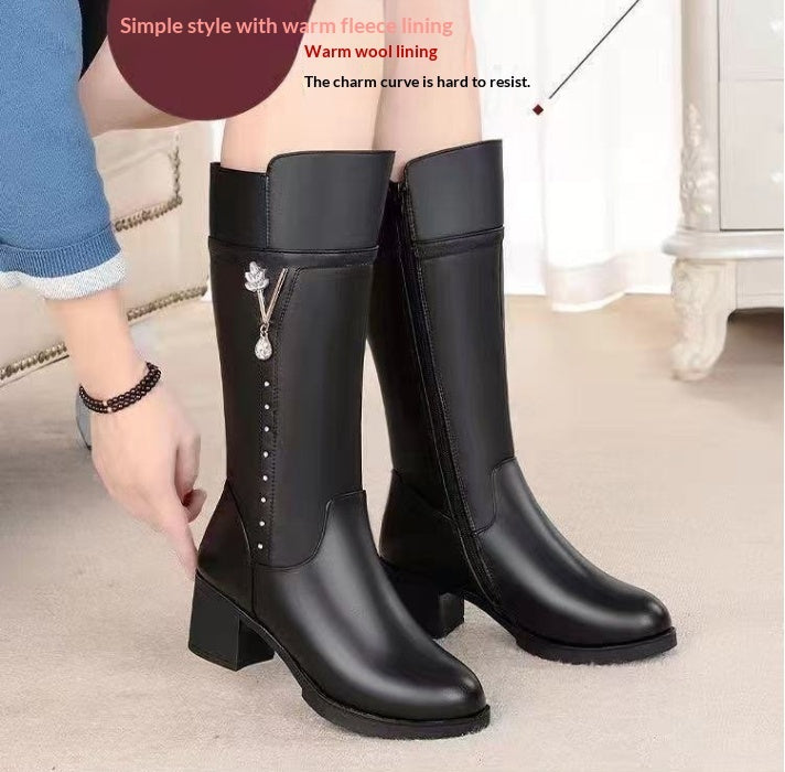 Women's Fleece-Lined Tall Boots with Wool Lining - Mid Heel Winter Boots with Side Zipper